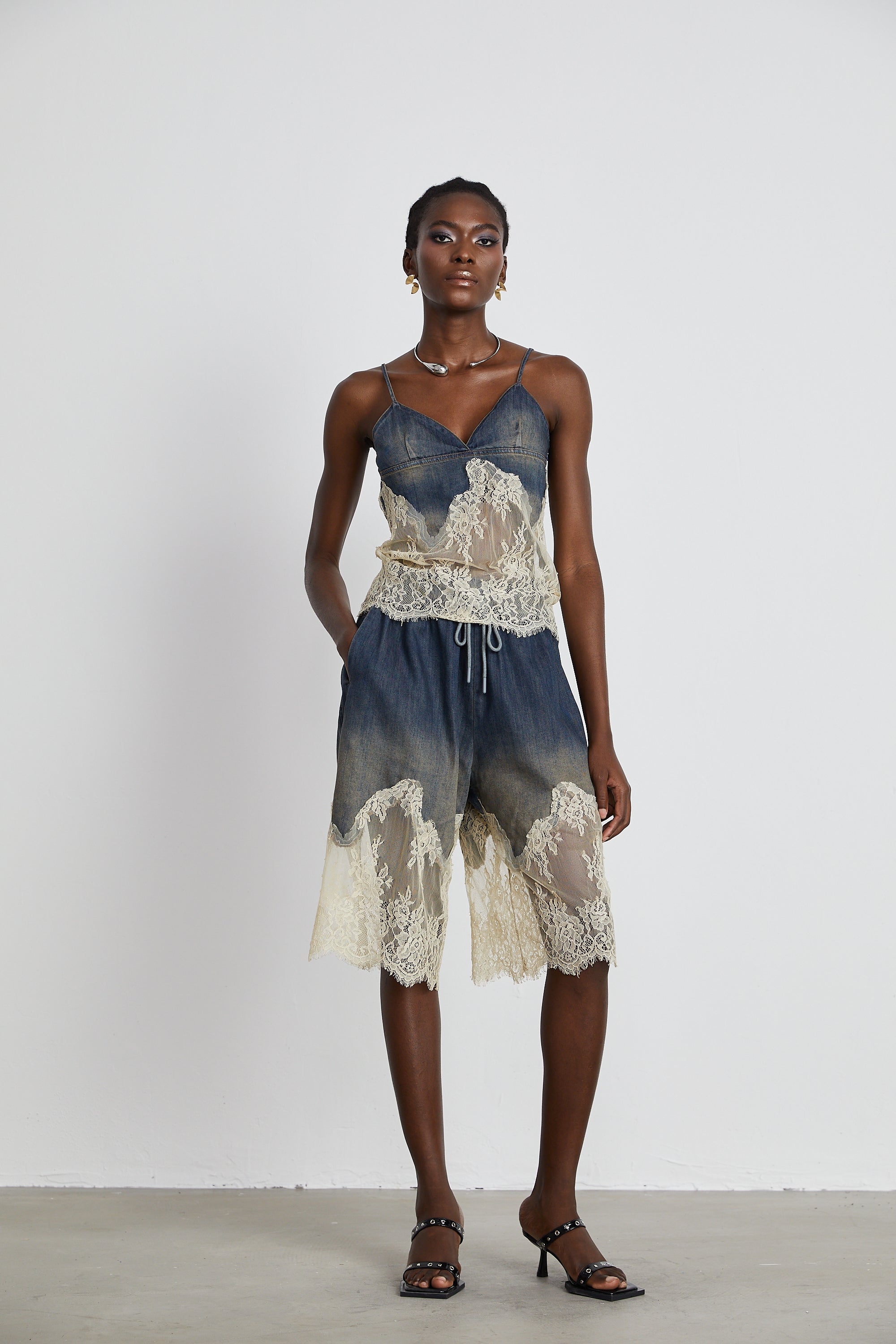 Blue denim camisole and matching skirt with delicate cream lace overlays