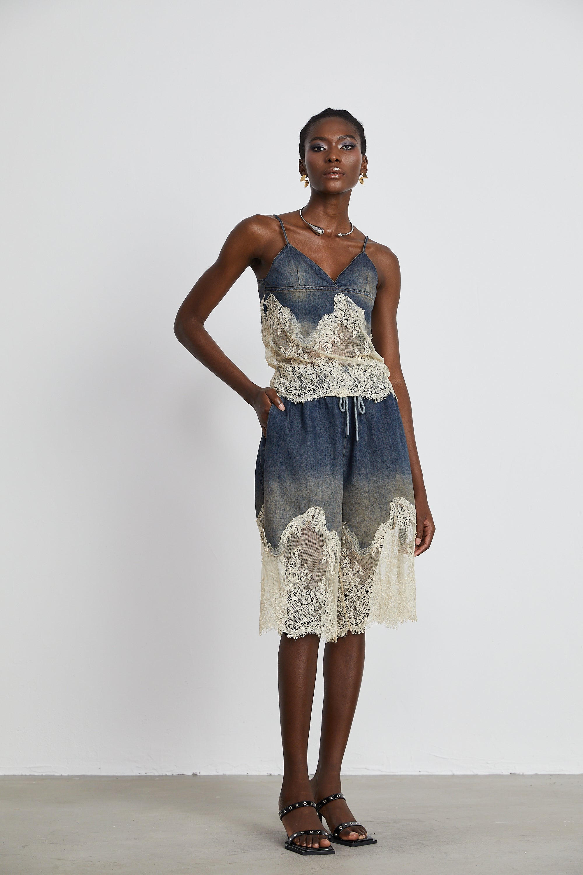 Blue denim camisole and matching skirt with delicate cream lace overlays