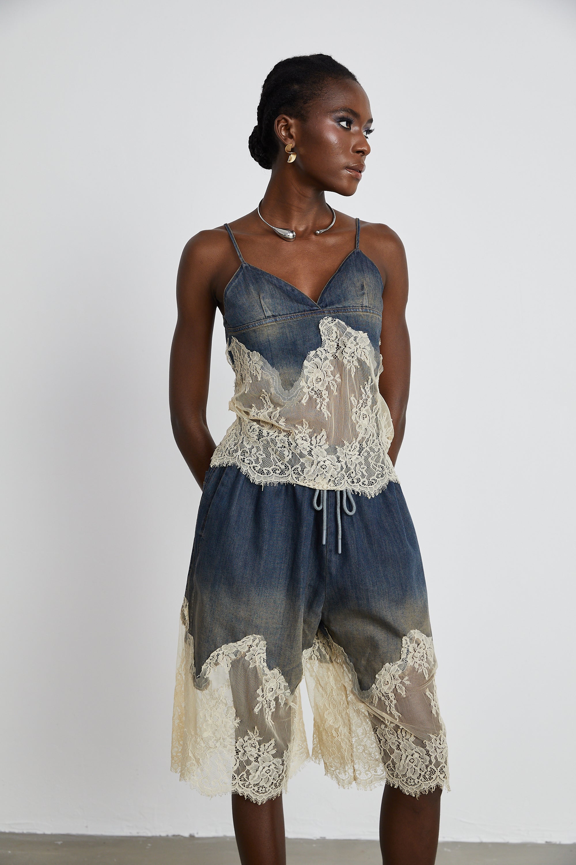 Blue denim camisole and matching skirt with delicate cream lace overlays