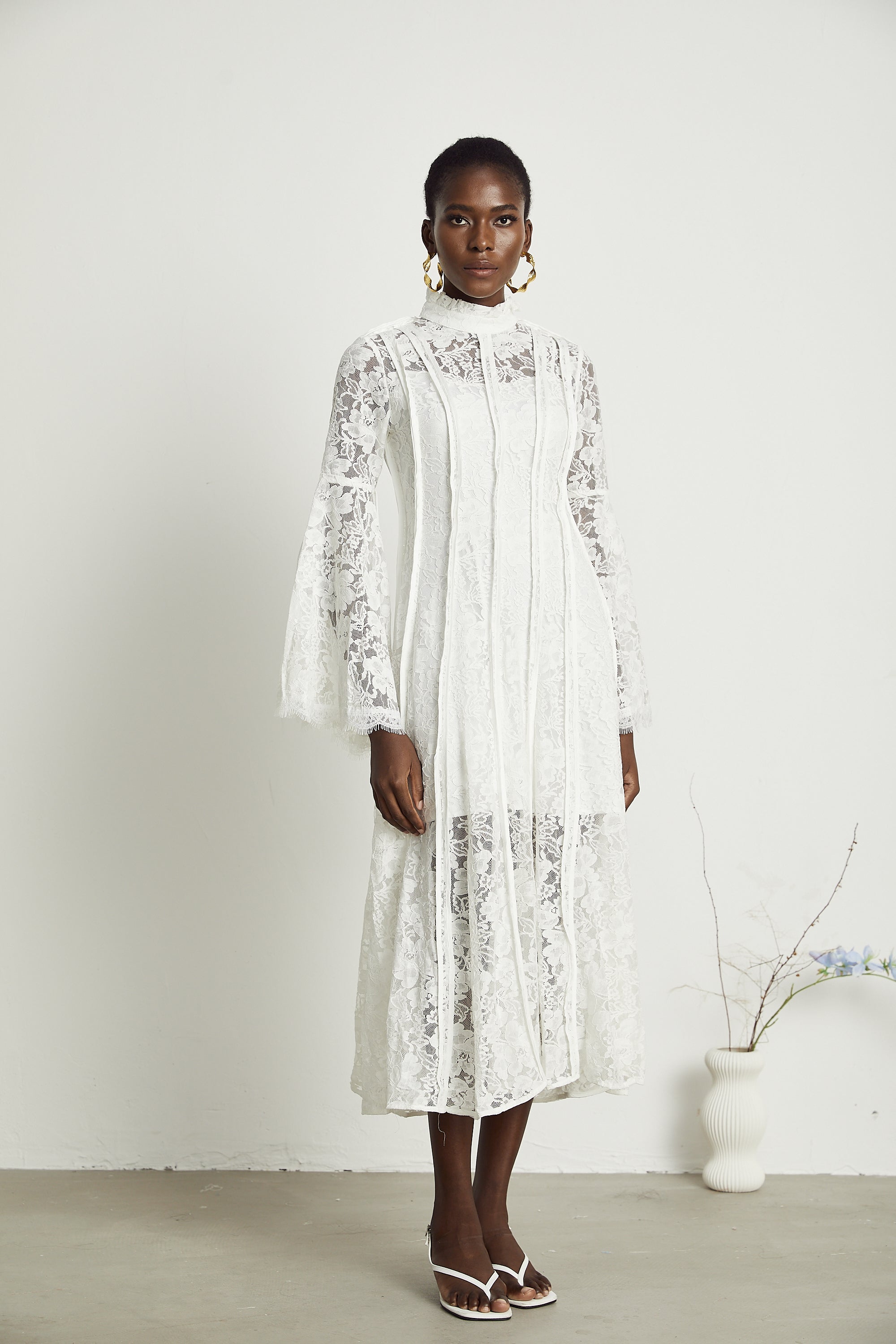Elodiea White Floral Lace Flared Sleeves Midi Dress
