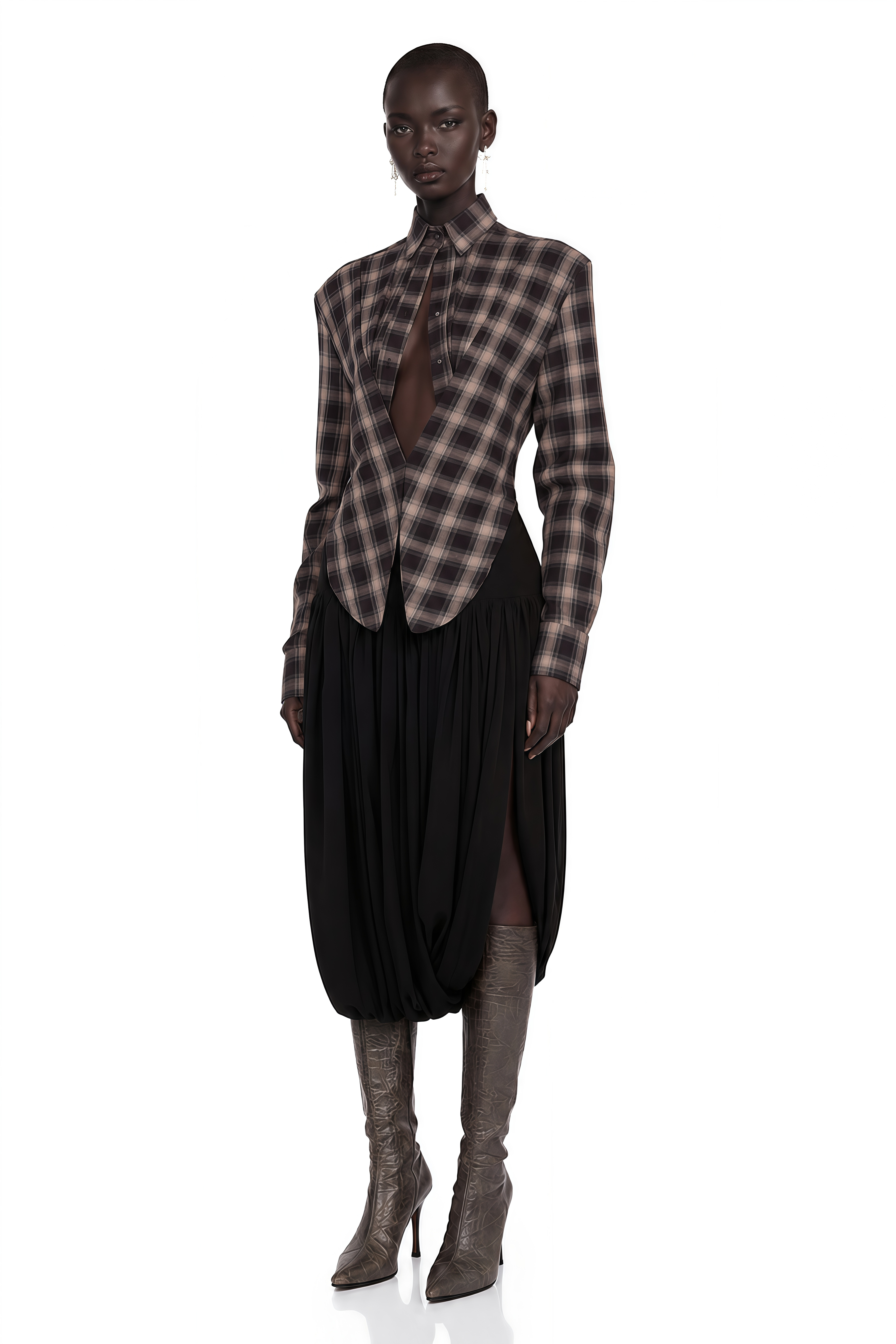 Amber Brown Plaid Tailored Cutout Blouse