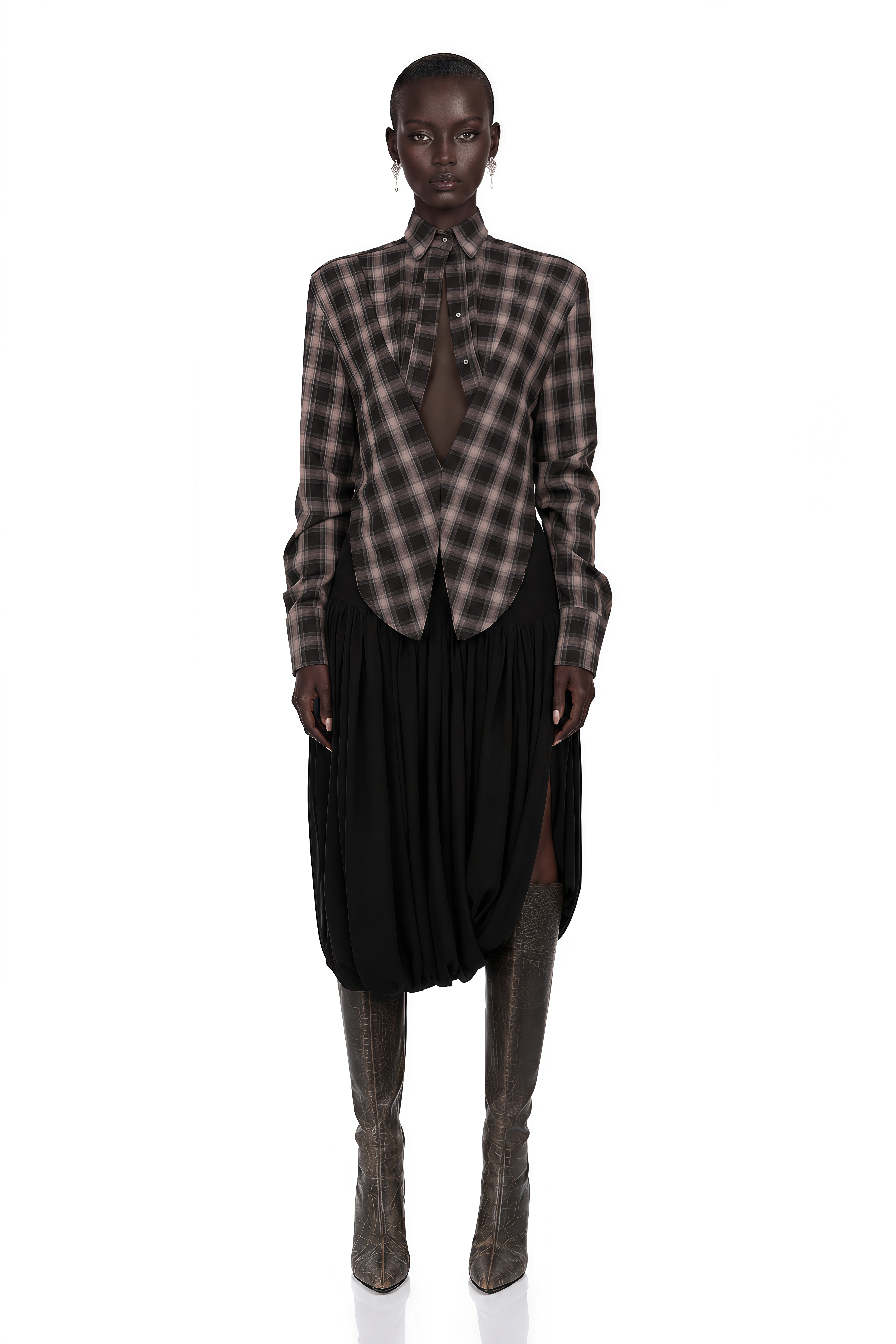 Amber Brown Plaid Tailored Cutout Blouse