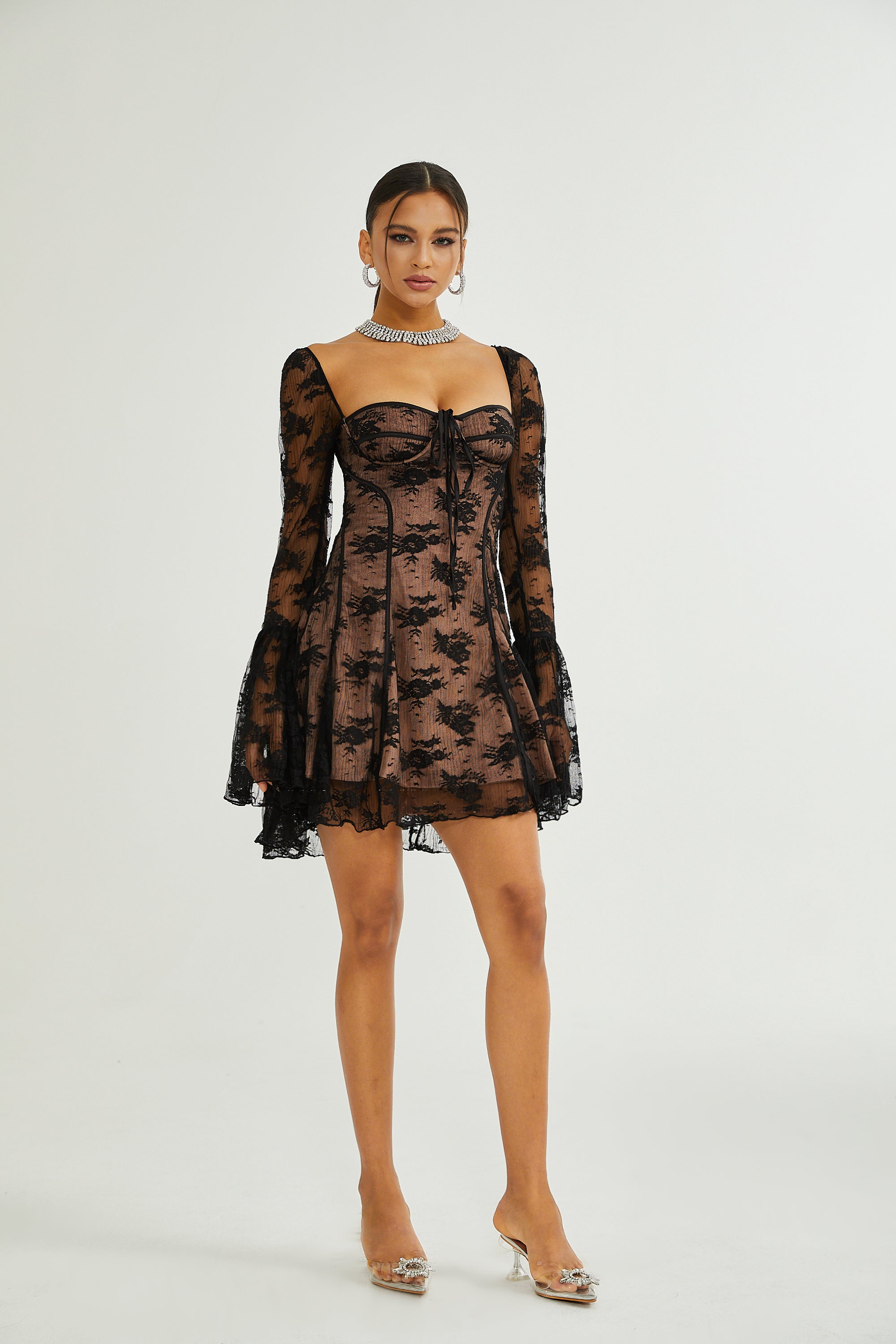 Cyrielle cream-white flared-cuff long-sleeved dress