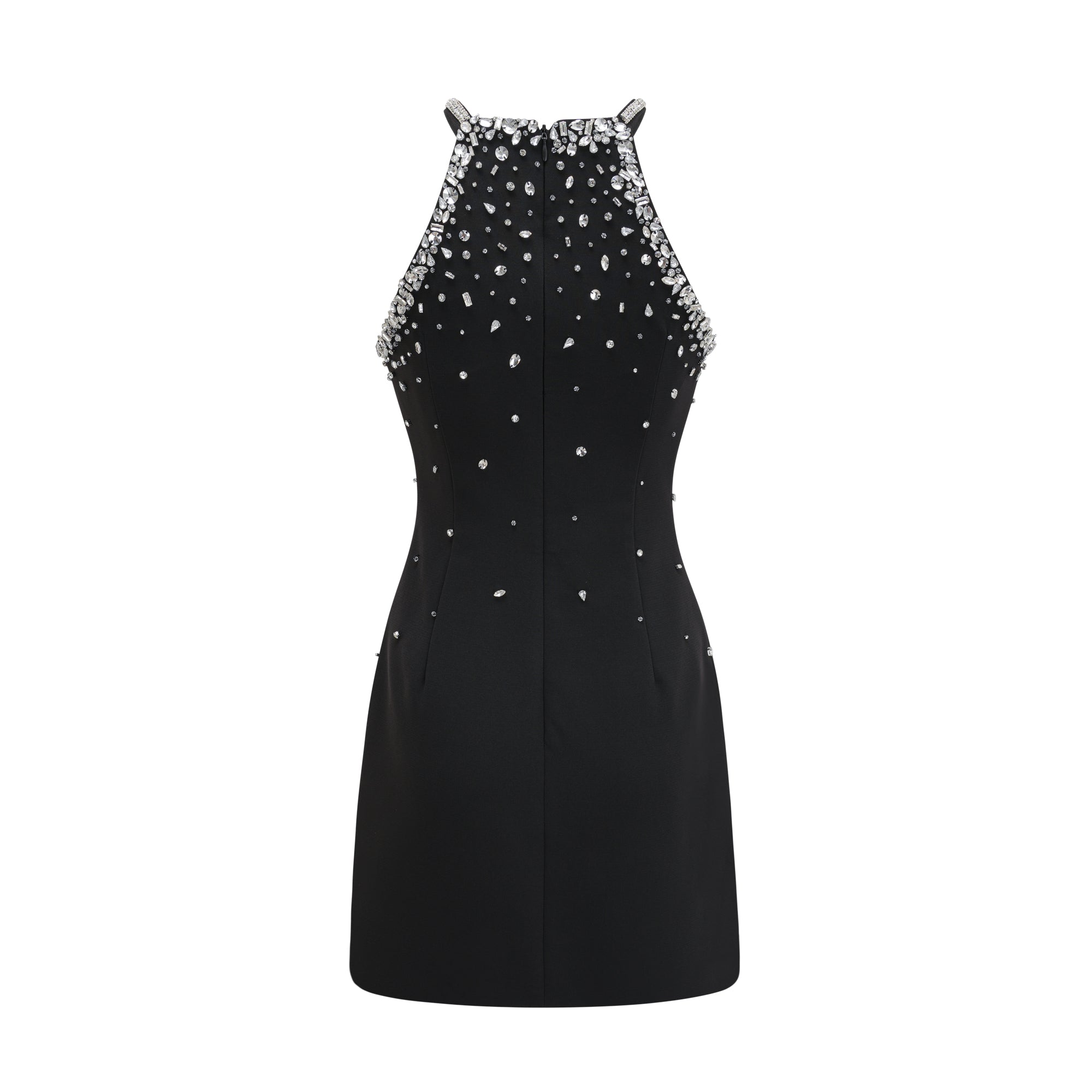Black halter mini dress embellished with crystals on the neckline and bodice