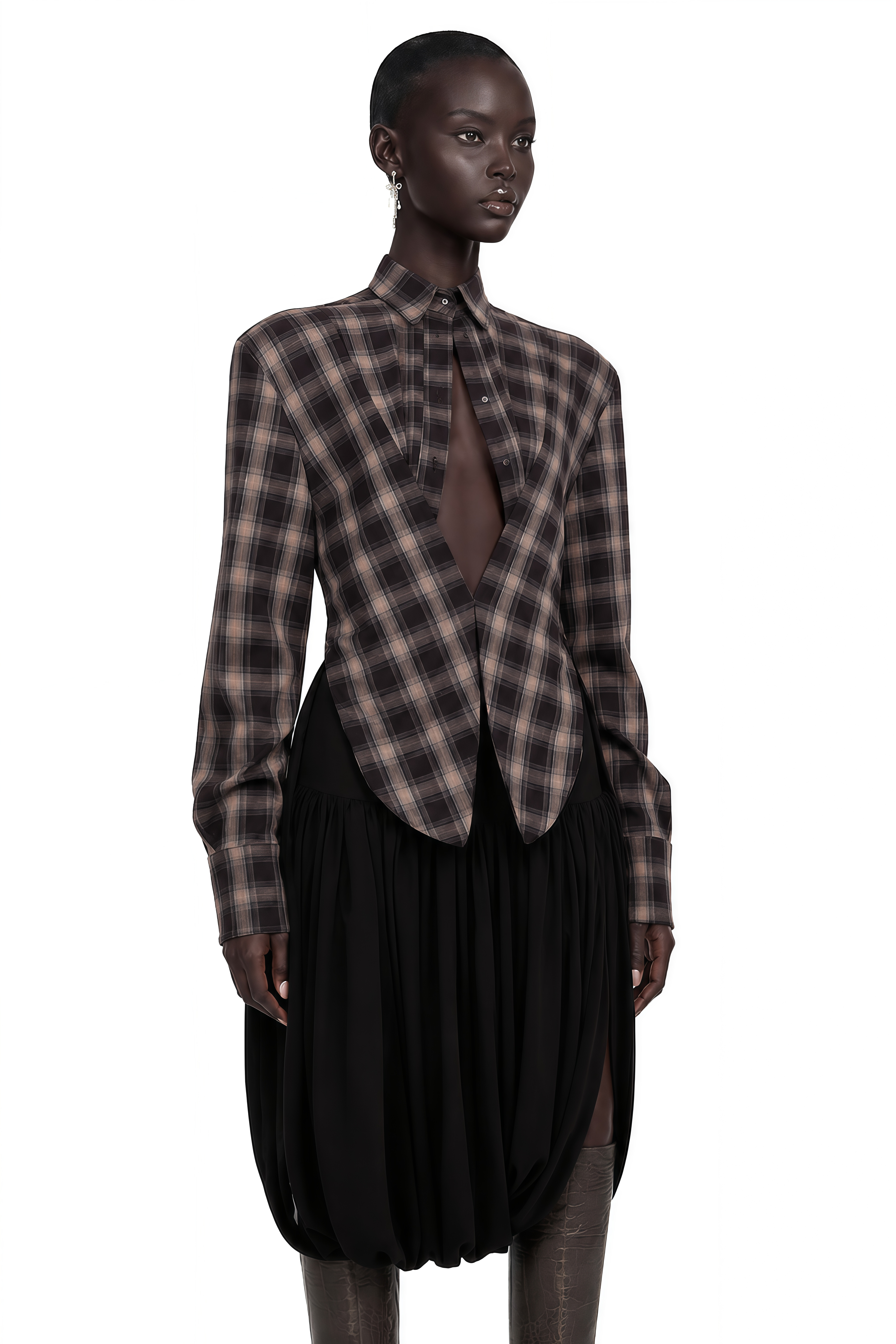 Amber Brown Plaid Tailored Cutout Blouse