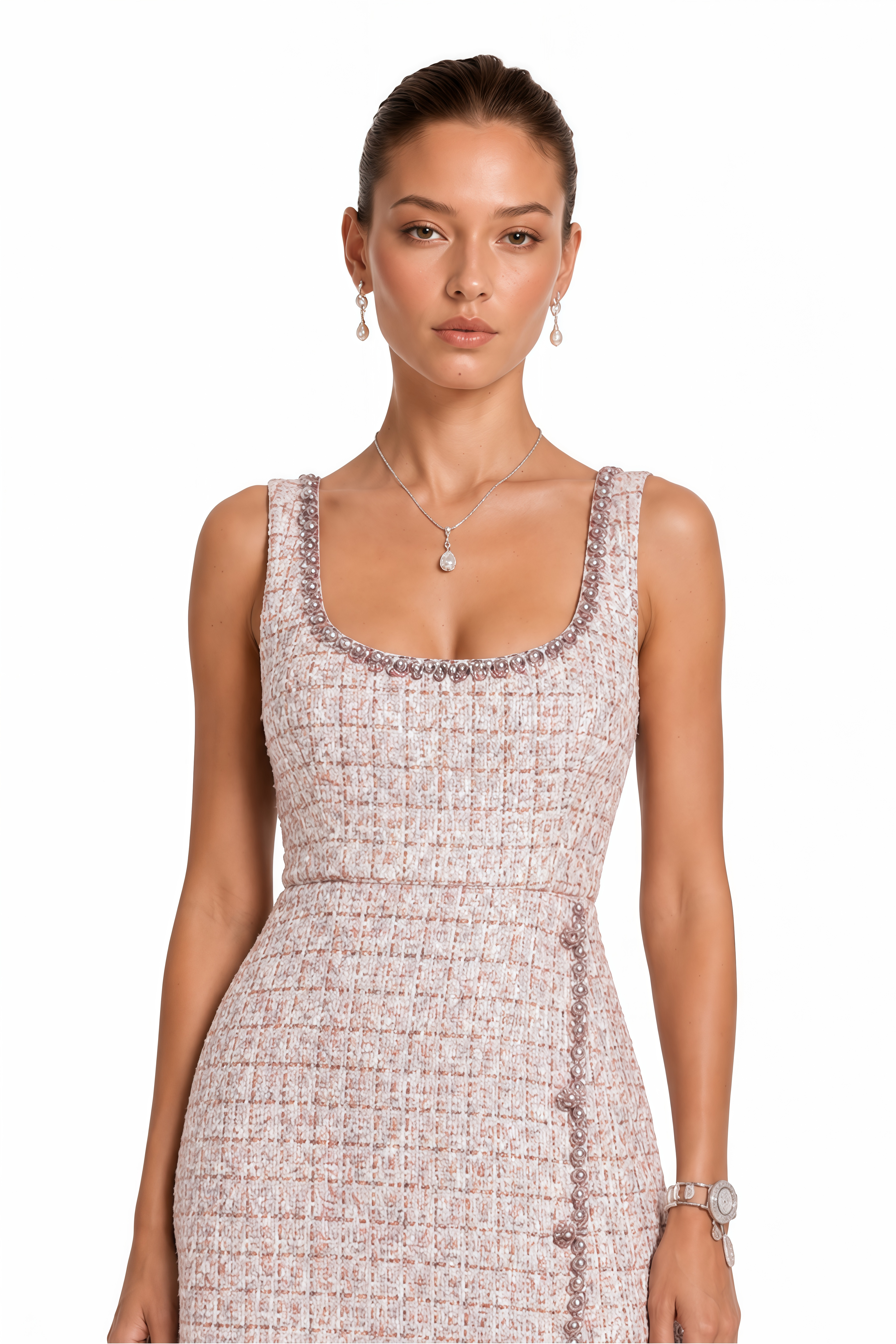 Aoife Pink Embellished Tweed Mini Dress