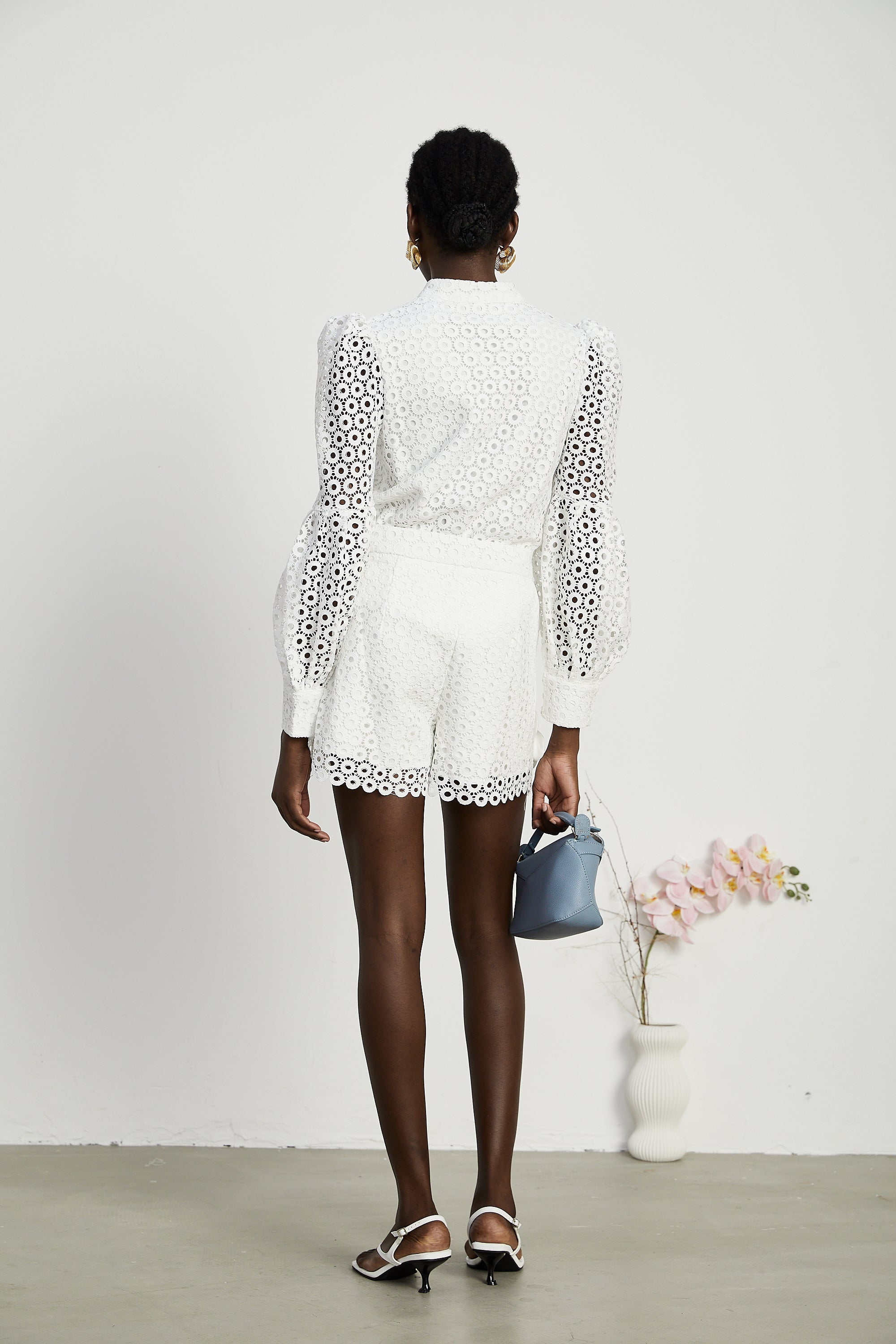 Calla faux-flower cut-out blouse & shorts matching set