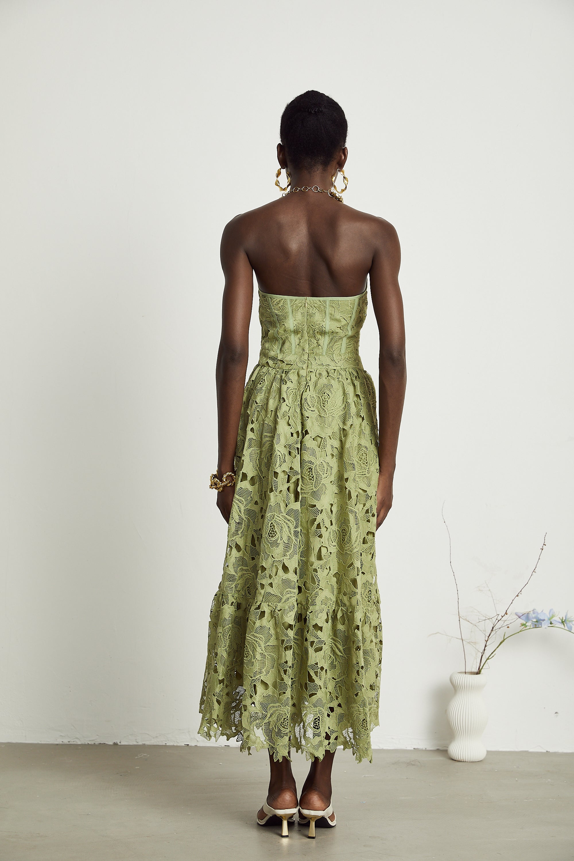 Inès lace floral embroidered cut-out midi dress in Green
