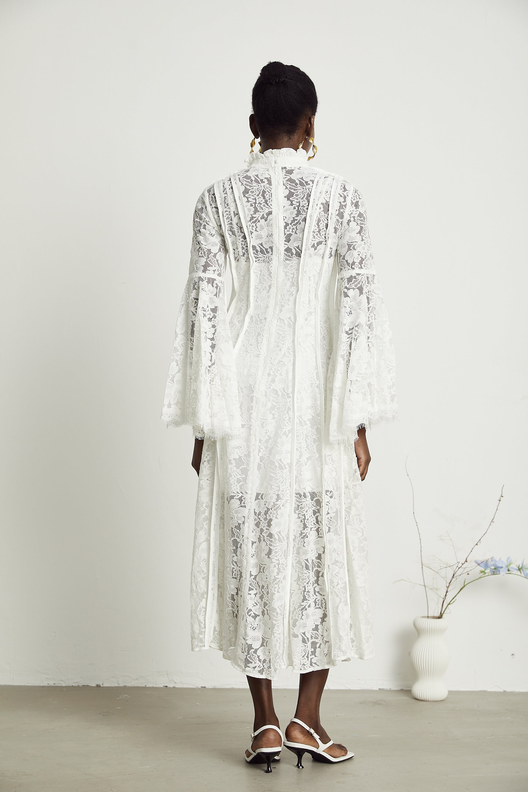 Elodiea White Floral Lace Flared Sleeves Midi Dress
