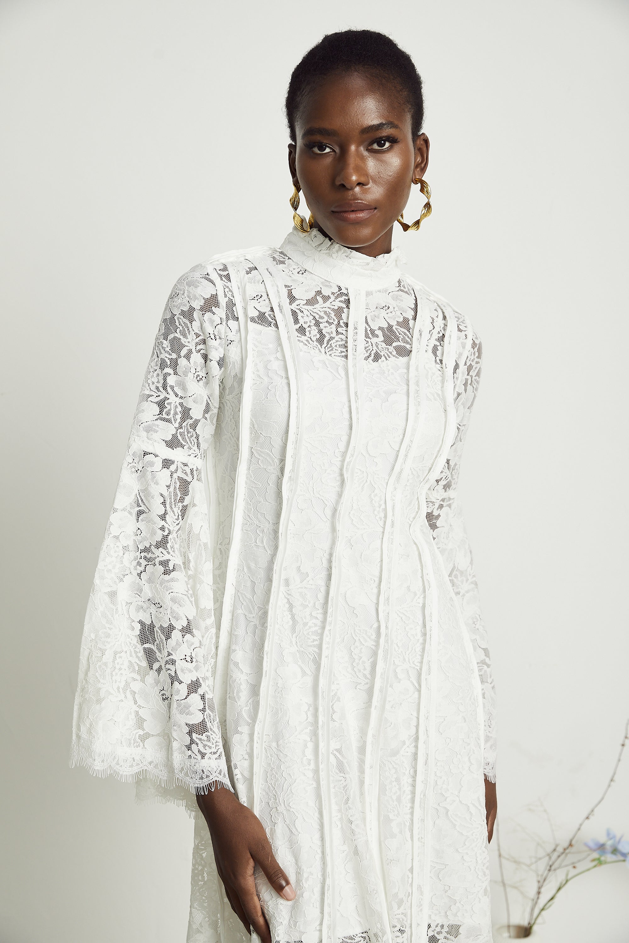 Elodiea White Floral Lace Flared Sleeves Midi Dress