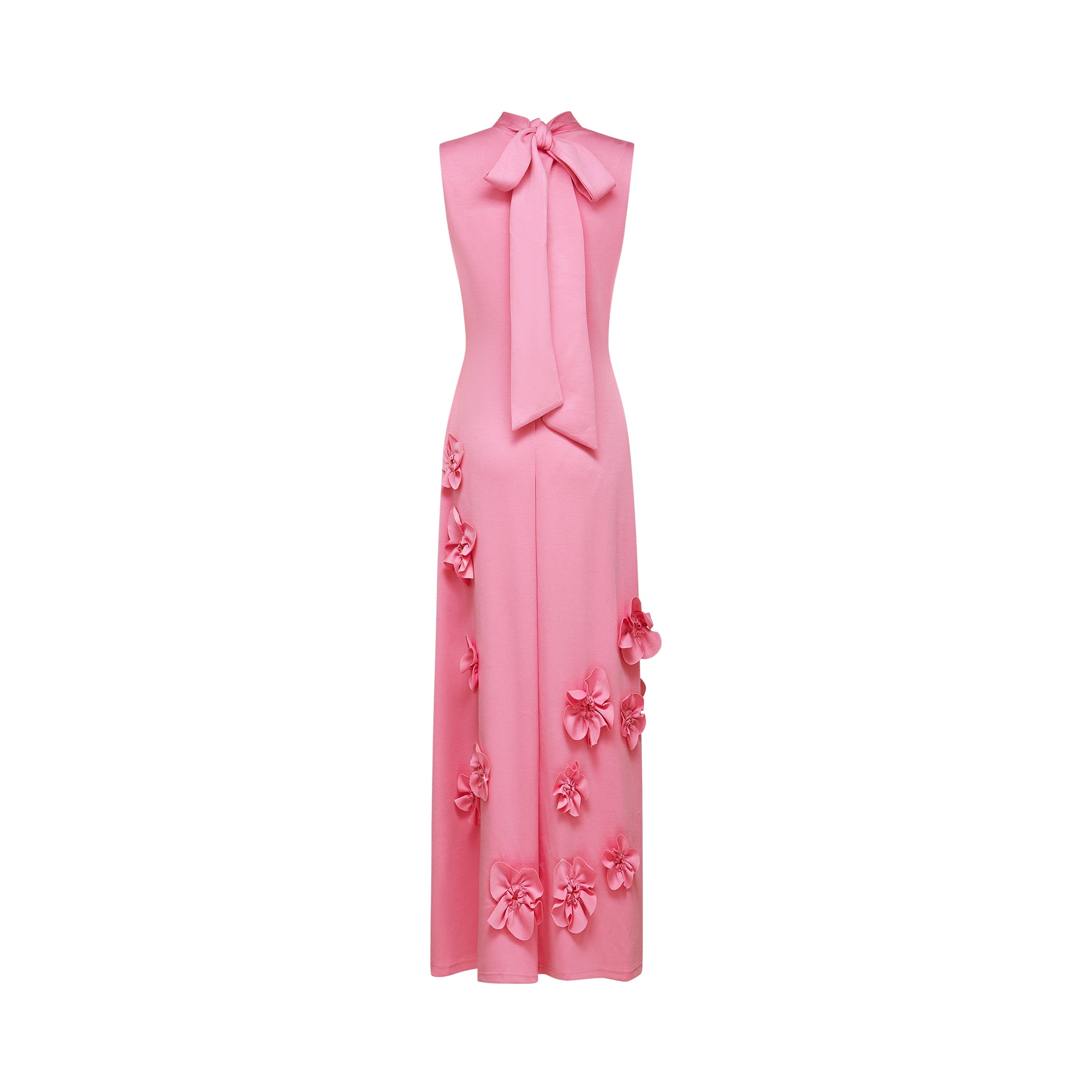 Pink sleeveless high-neck midi dress with 3D floral embellishments