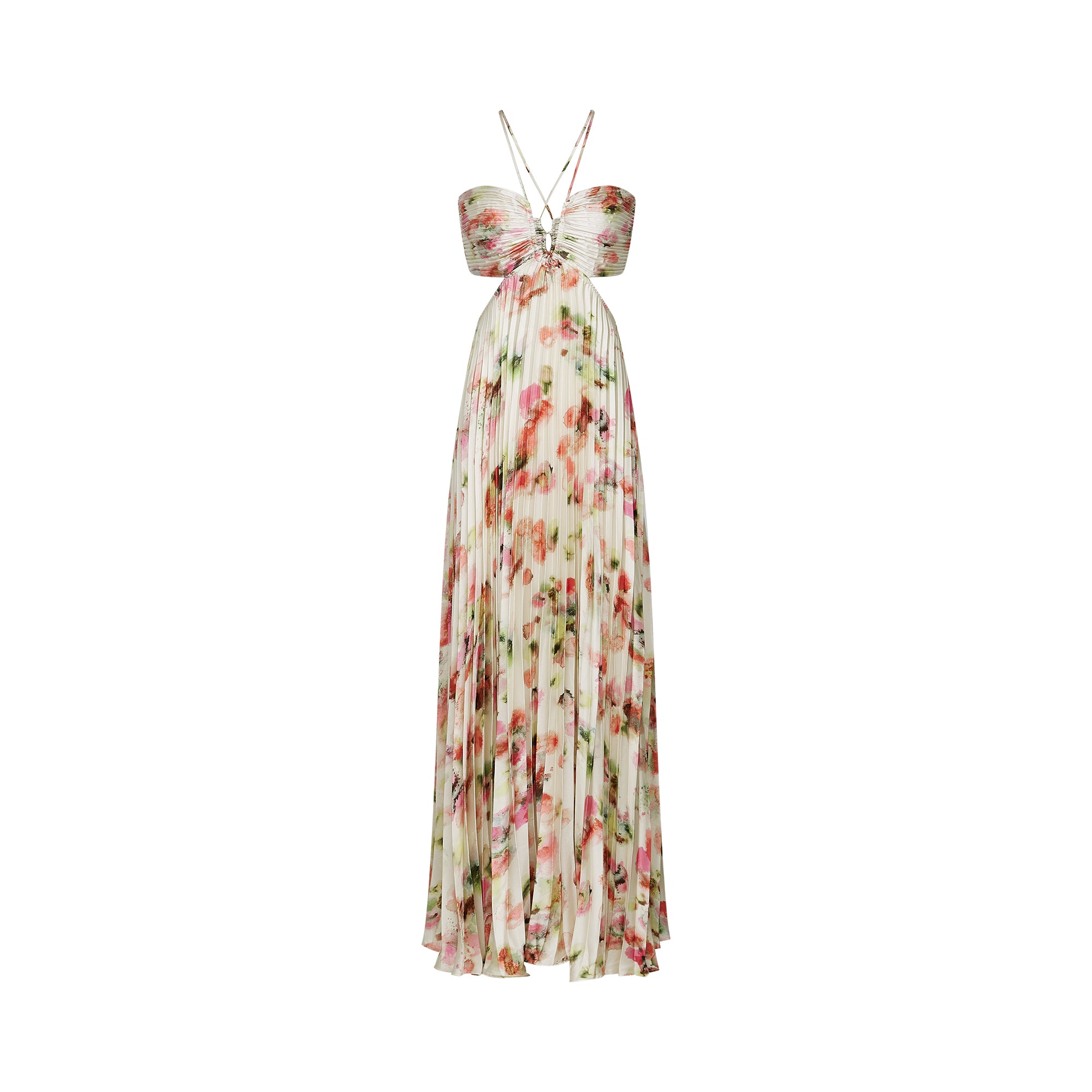 Floral pleated halter gown with side cutouts