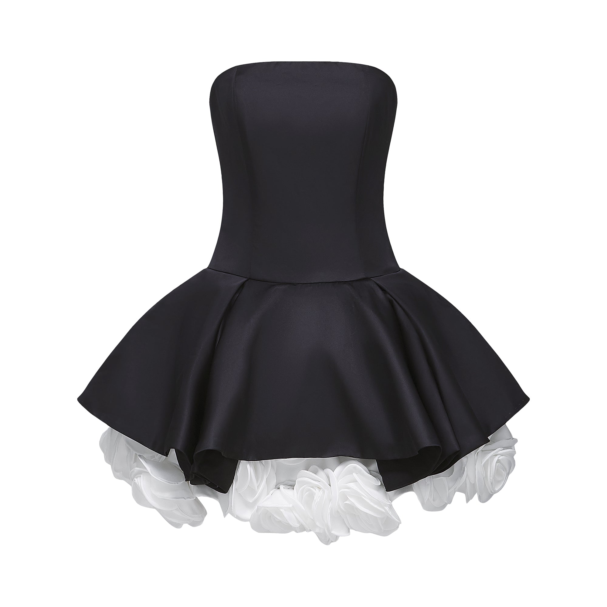 Lucie black petal-layered strapless corset mini dress