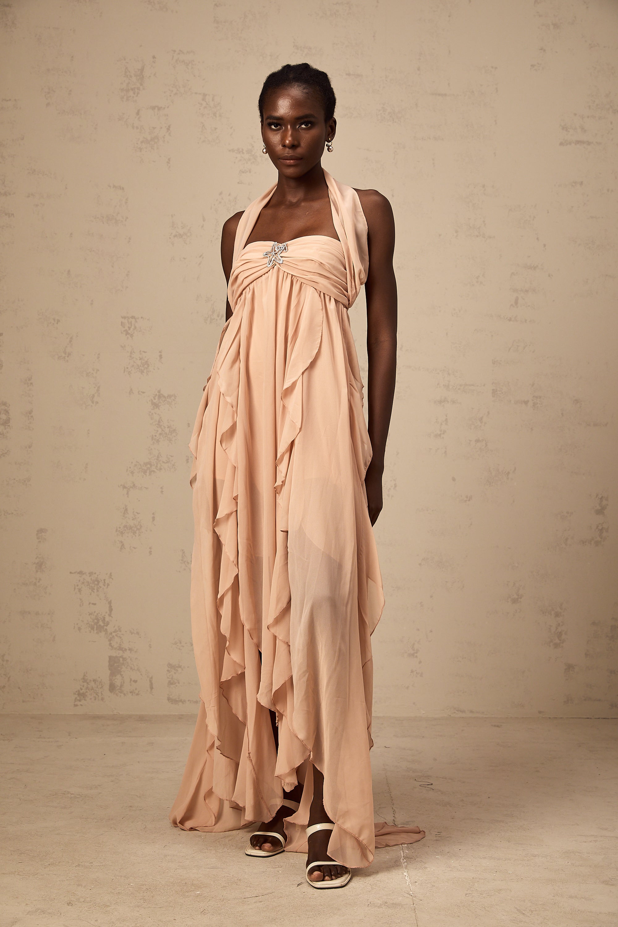 Mariah Pink Chiffon Ruffle Halterneck Maxi Dress