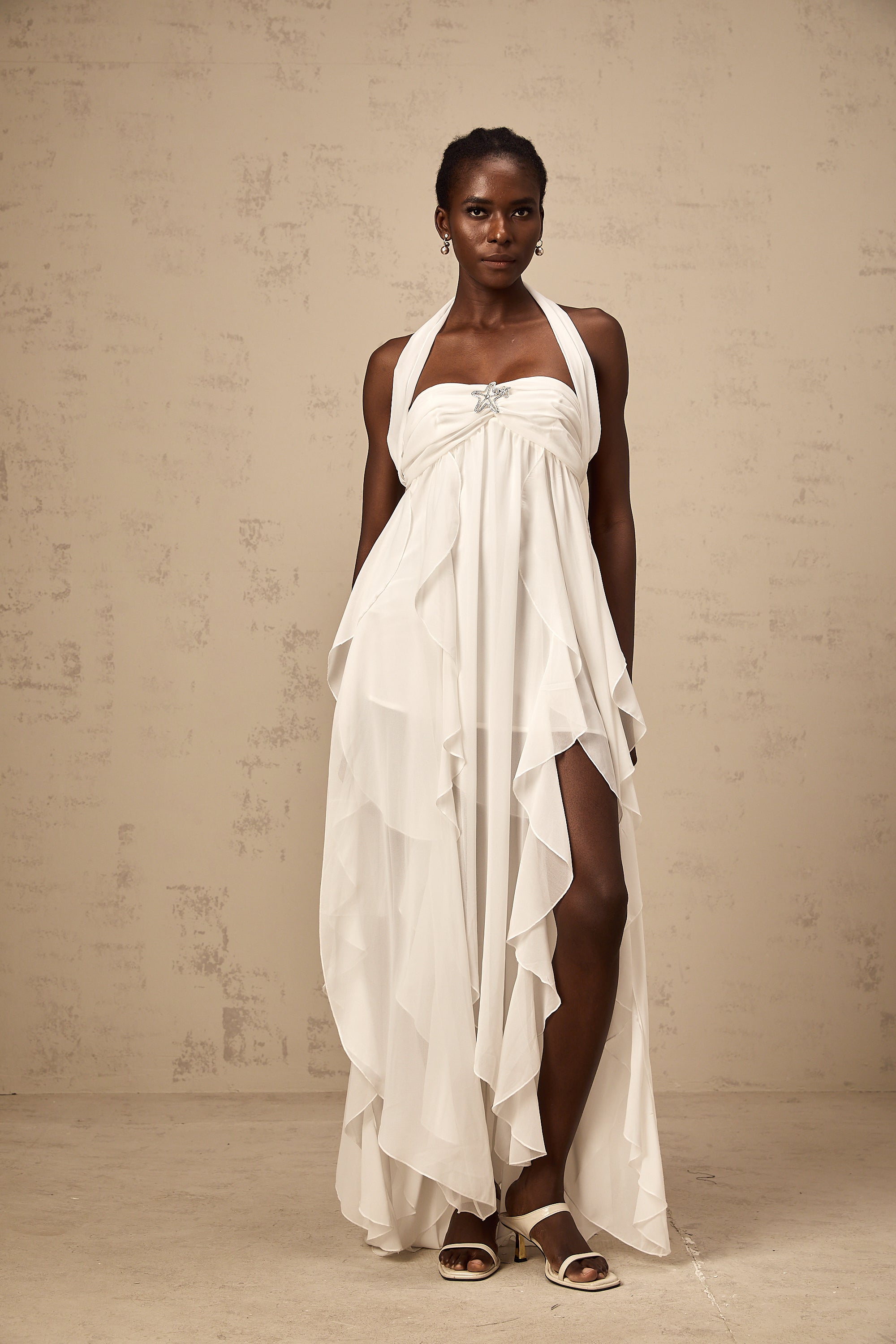 Mariah White Chiffon Ruffle Halterneck Maxi Dress