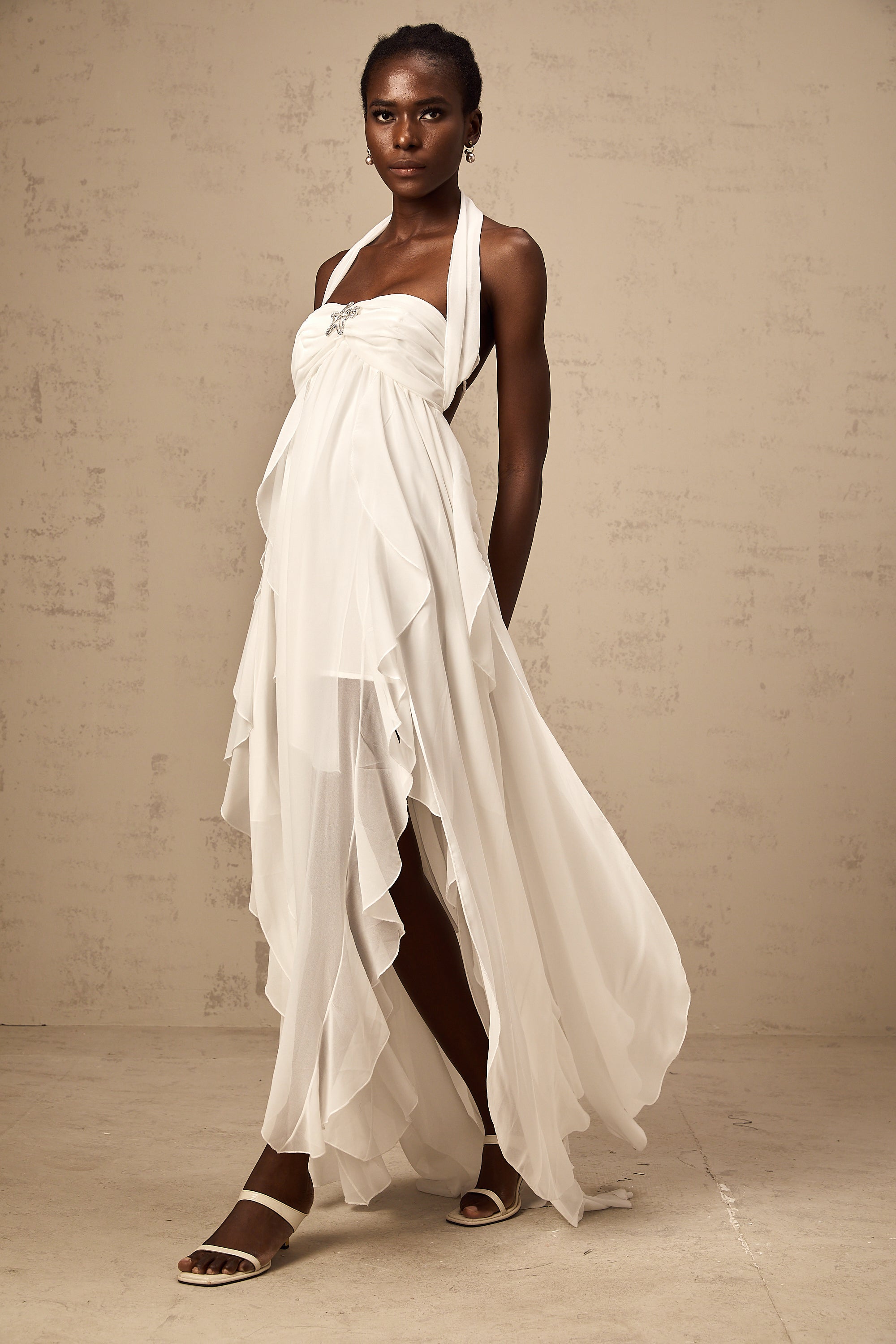 Mariah White Chiffon Ruffle Halterneck Maxi Dress