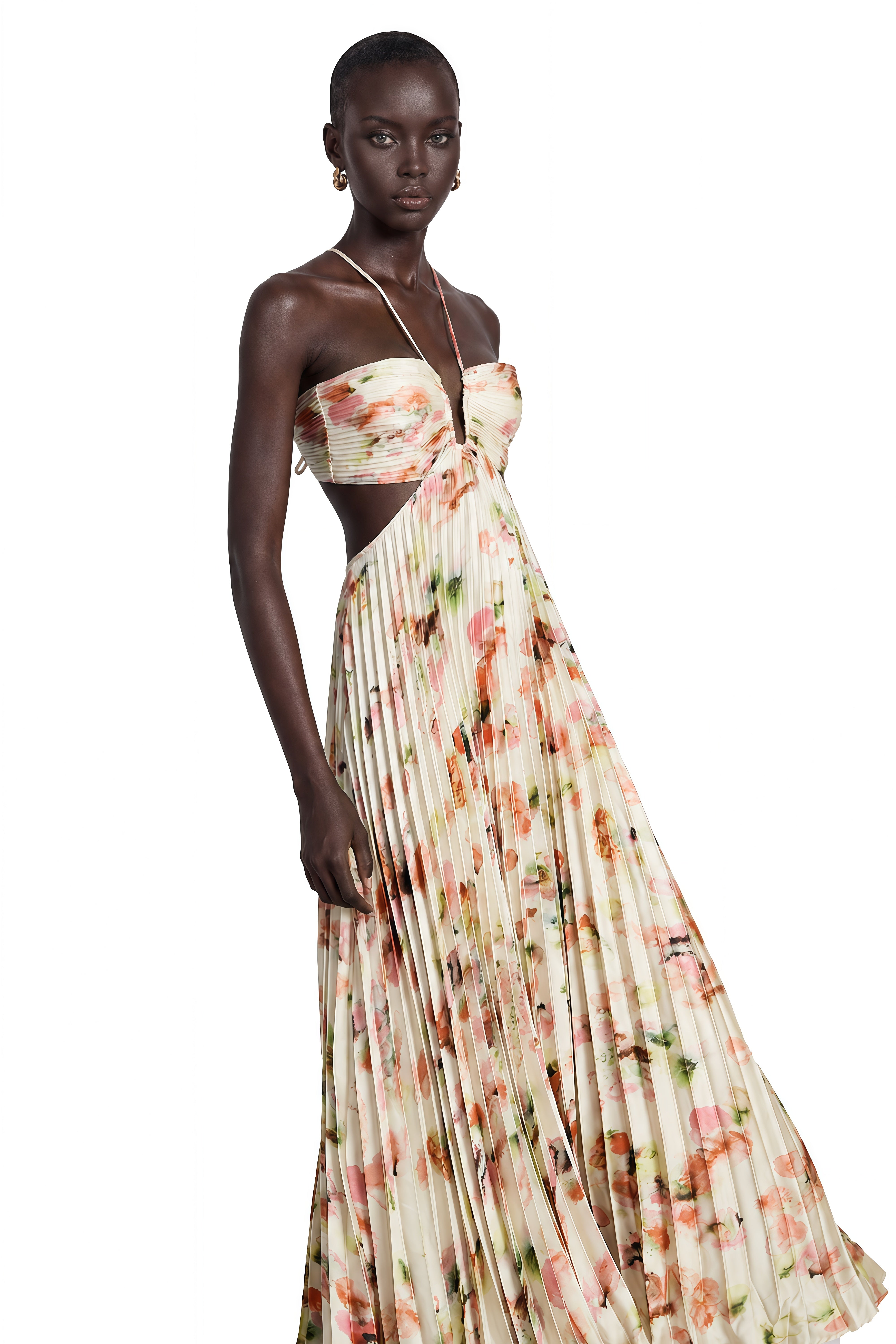 Floral pleated halter gown with side cutouts