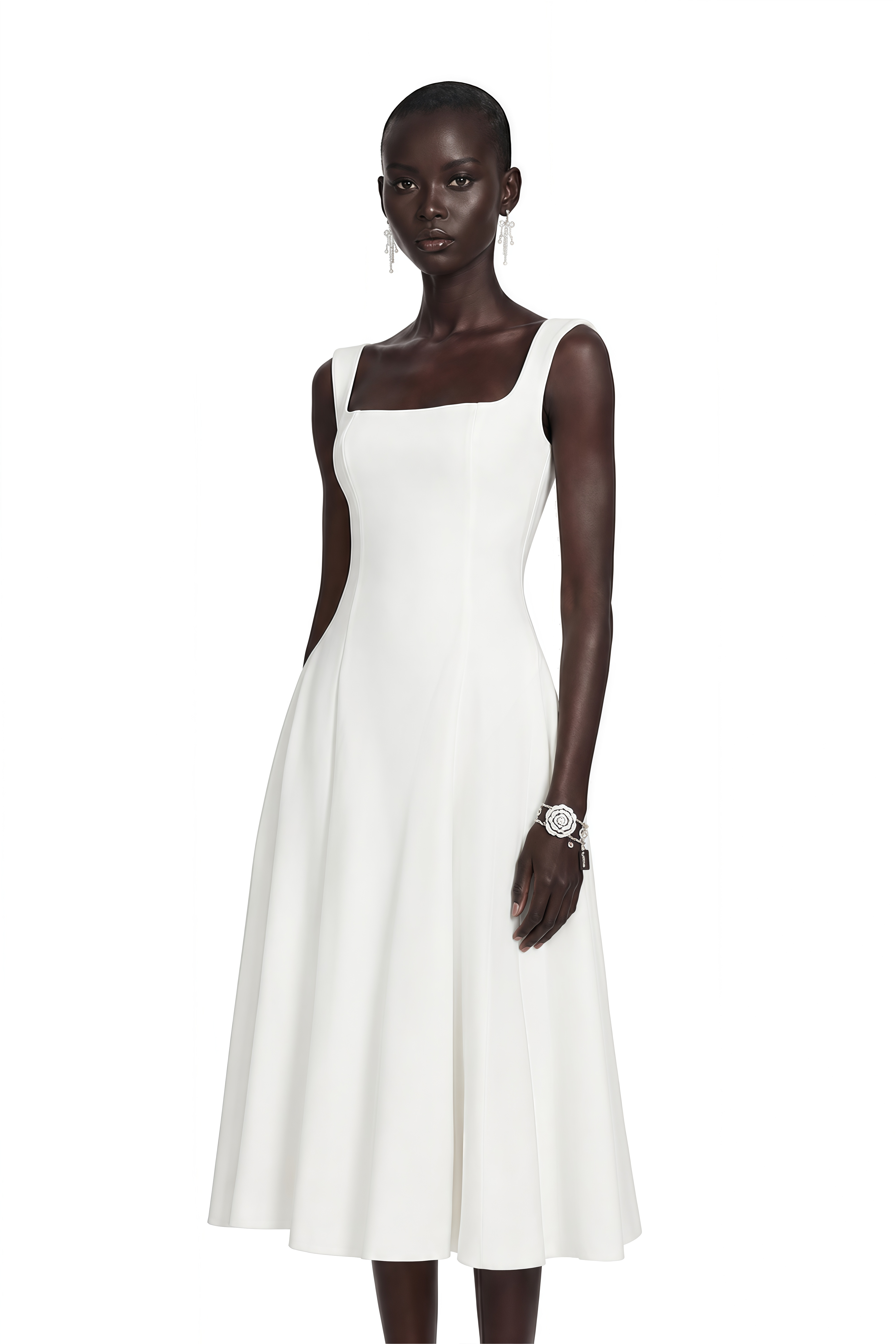 Thala White Pleated Flared Midi Dress