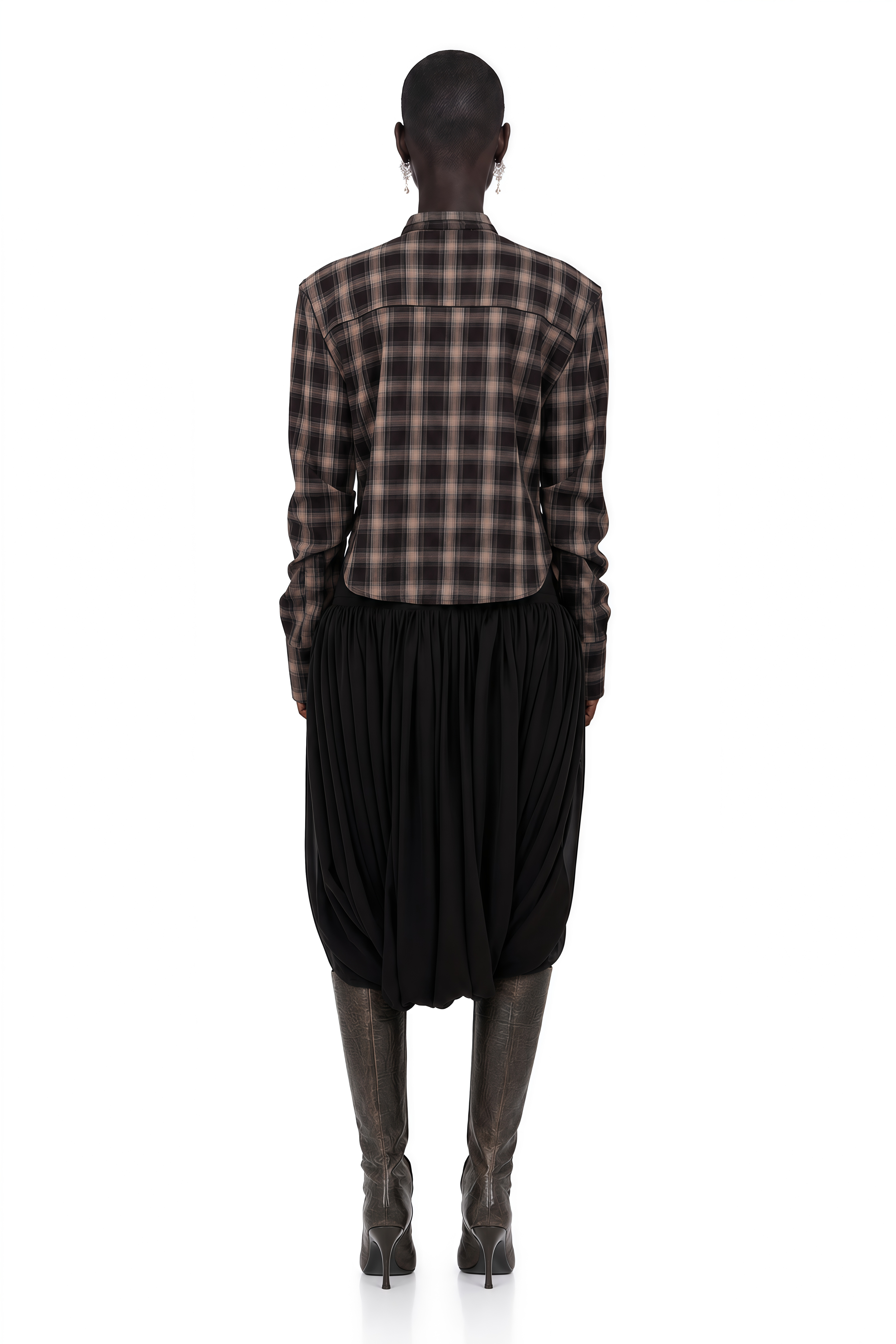 Amber Brown Plaid Tailored Cutout Blouse