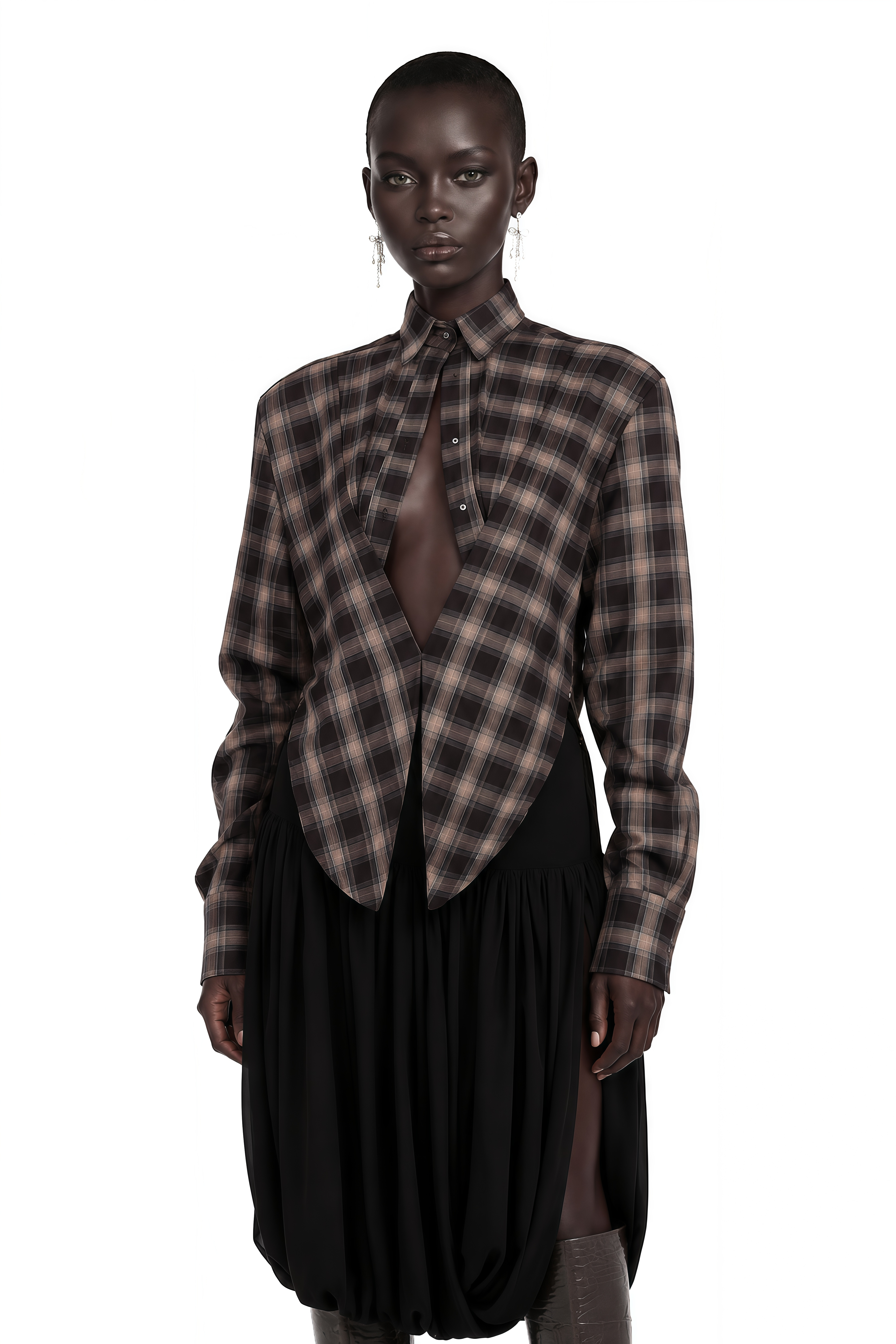 Amber Brown Plaid Tailored Cutout Blouse