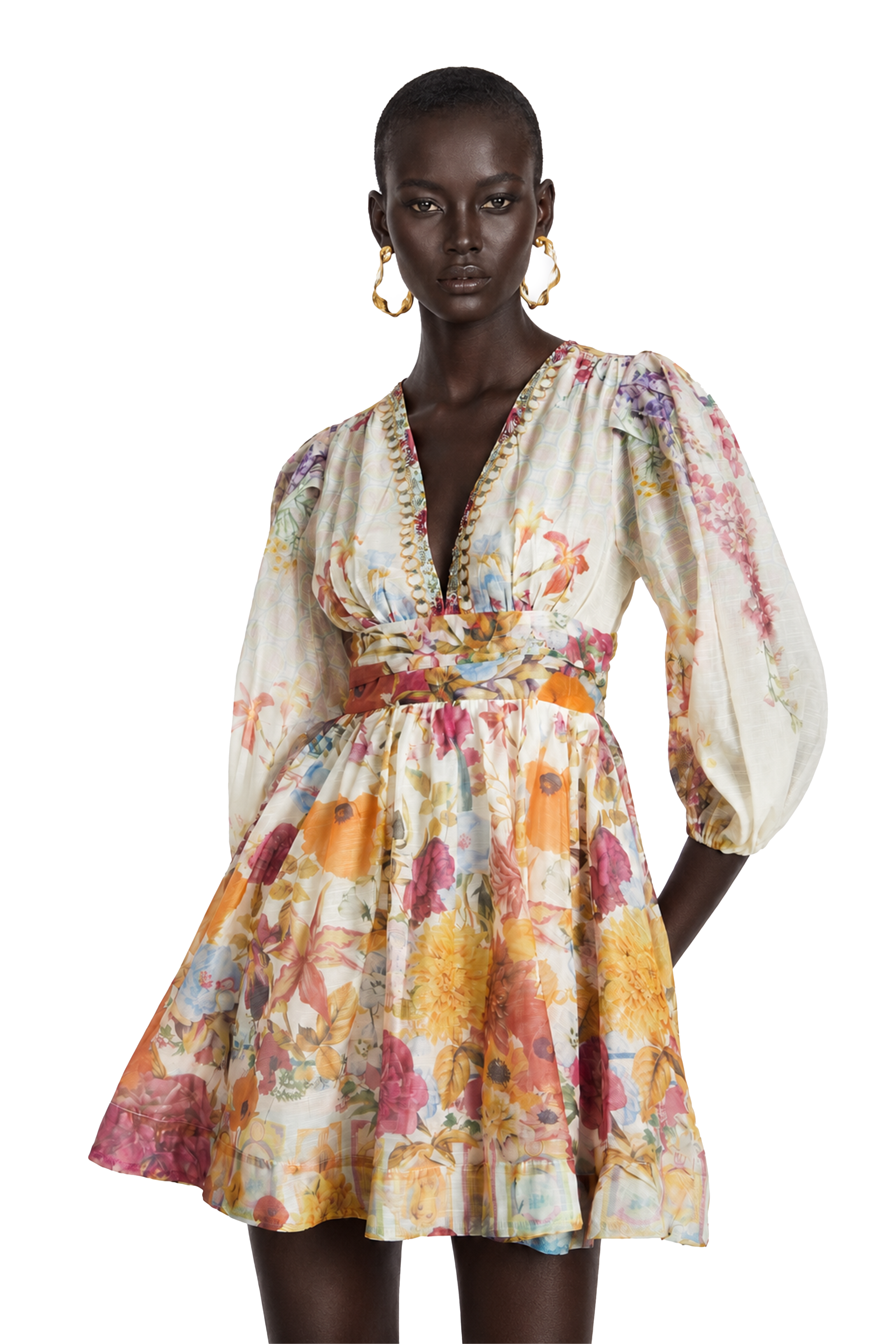 Floral V-neck mini dress with voluminous long sleeves