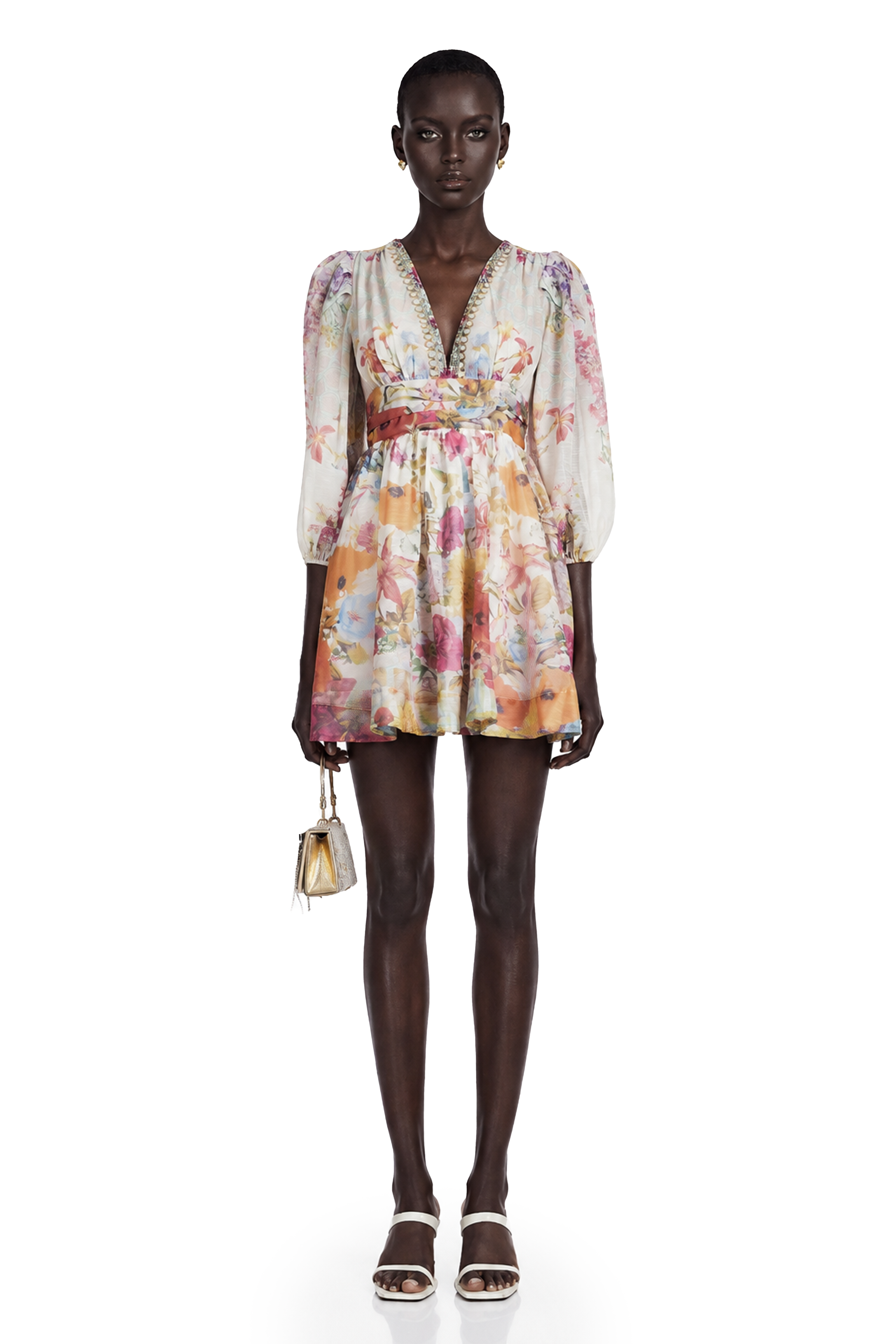 Floral V-neck mini dress with voluminous long sleeves