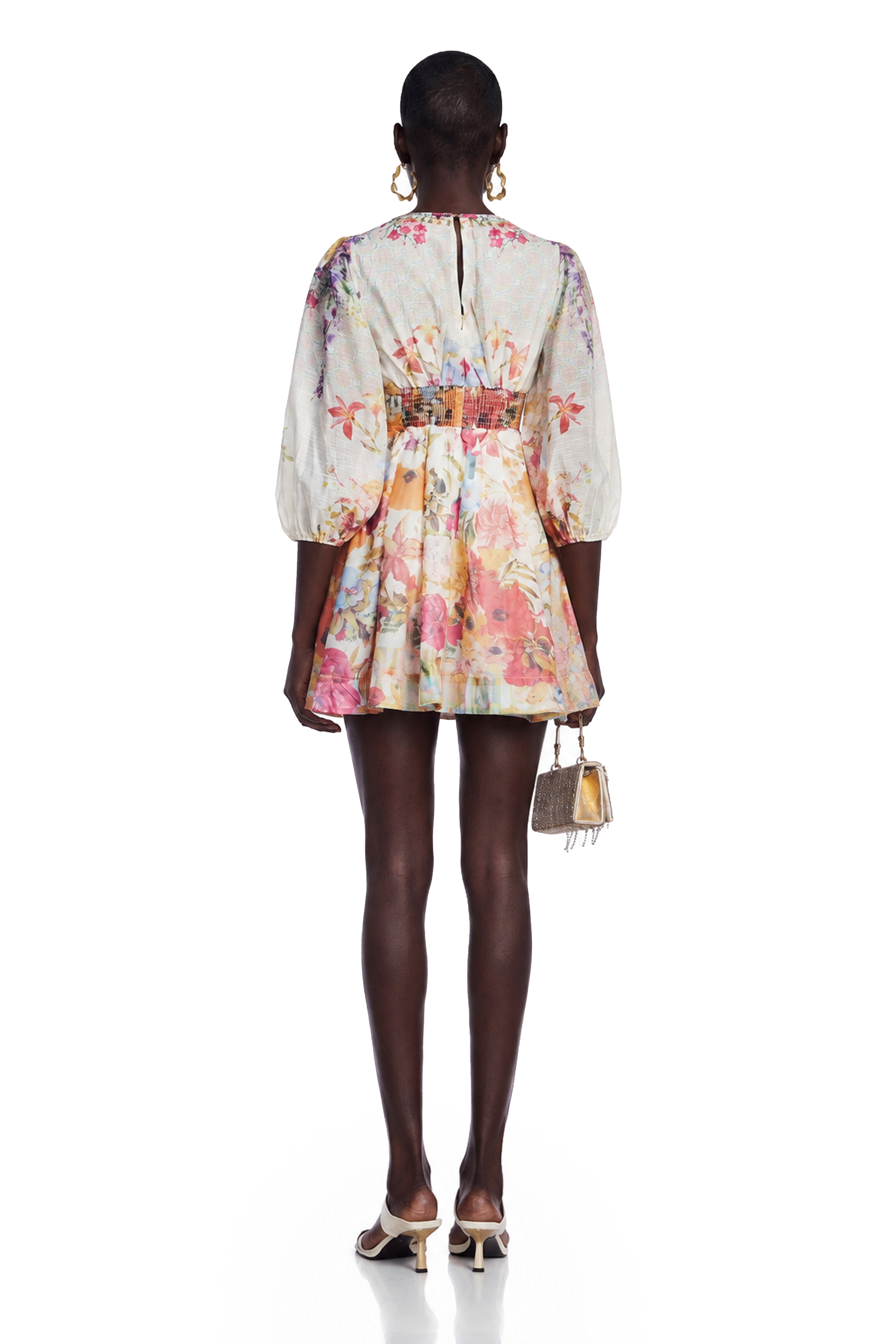 Floral V-neck mini dress with voluminous long sleeves