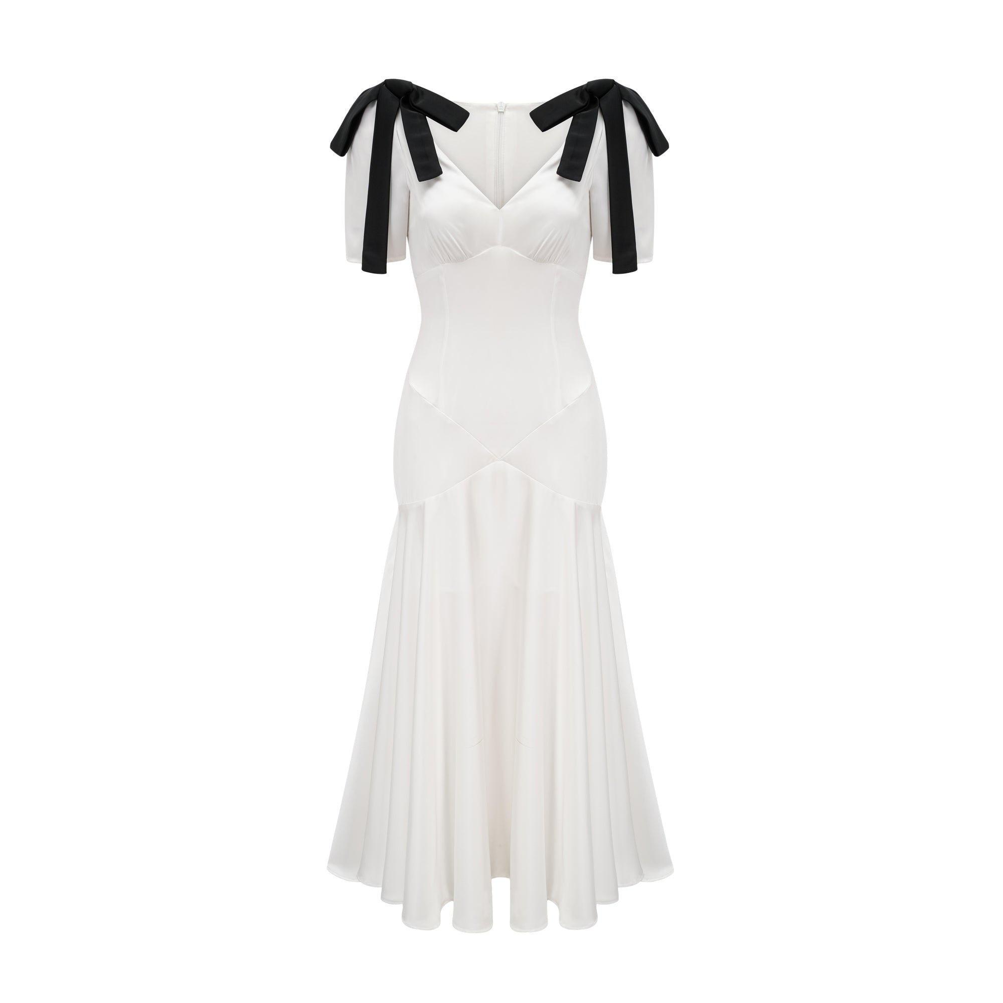 White satin V-neck midi dress with black bow shoulder straps