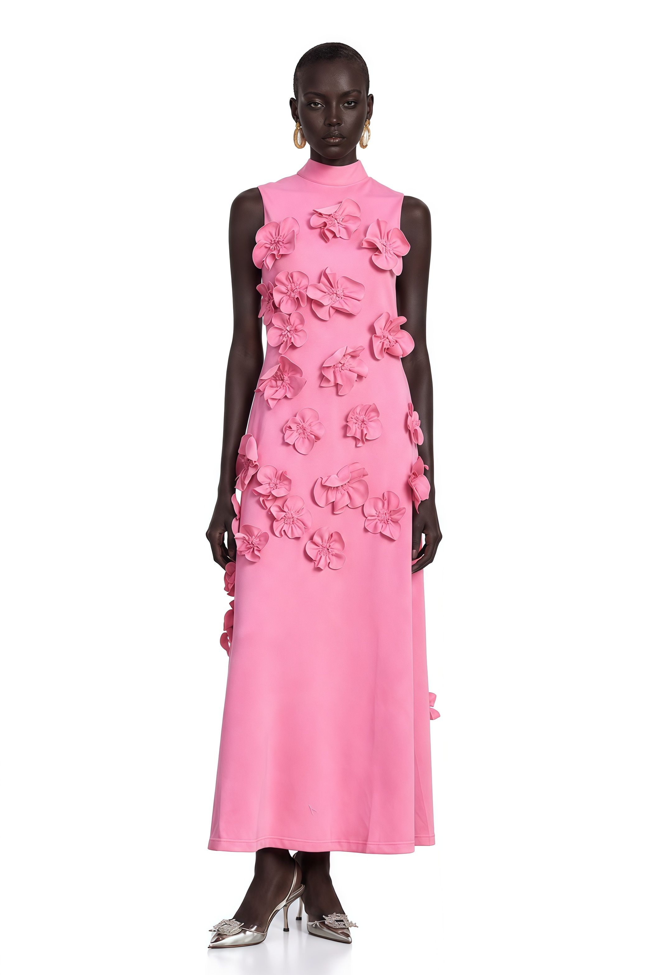 Pink sleeveless high-neck midi dress with 3D floral embellishments