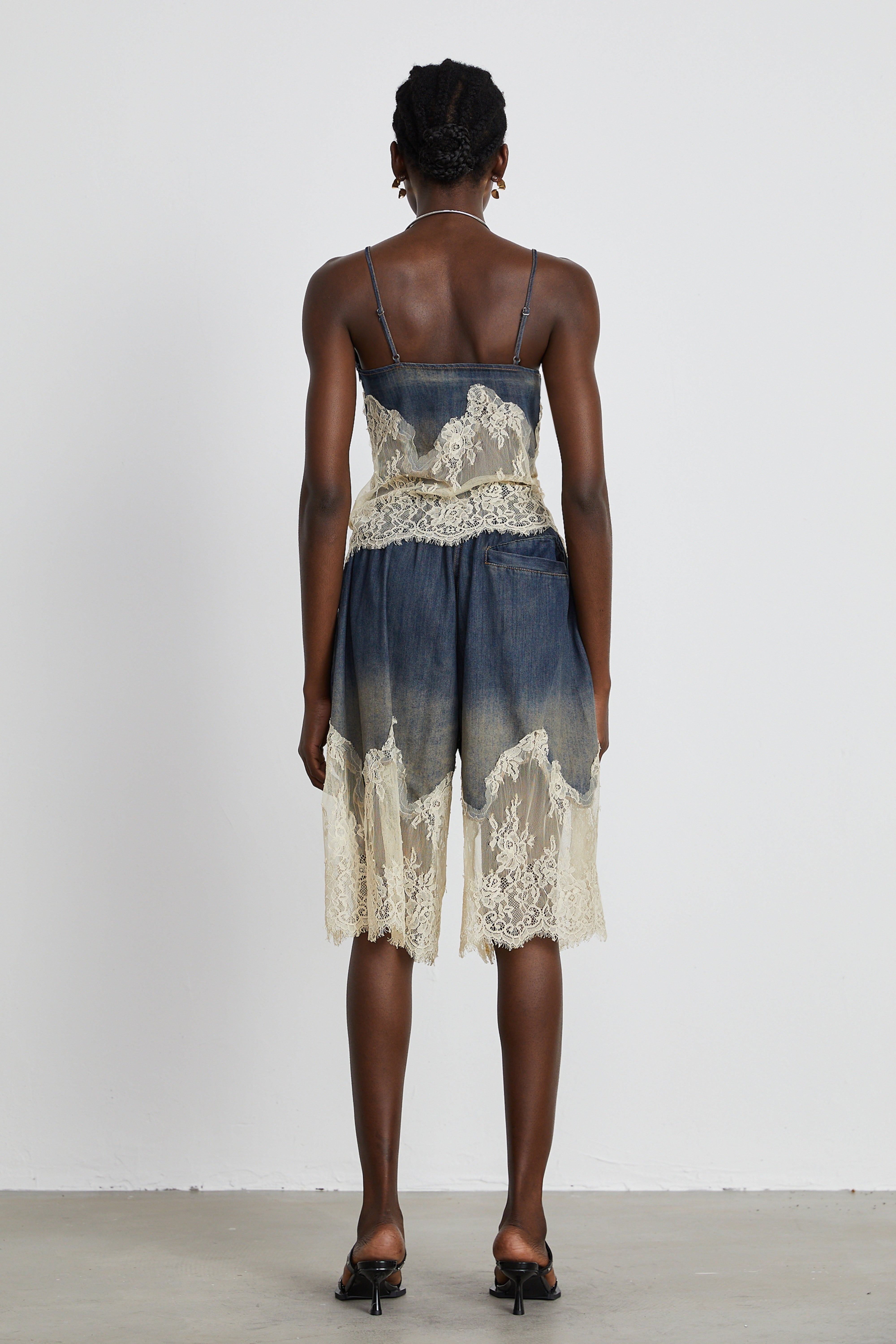 Sylvie lace-detail denim top & shorts matching set
